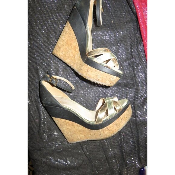 Jimmy Choo Vintage Luxury Italian Leather and Cork Ankle Strap Wedges Metallic - Picture 6 of 9
